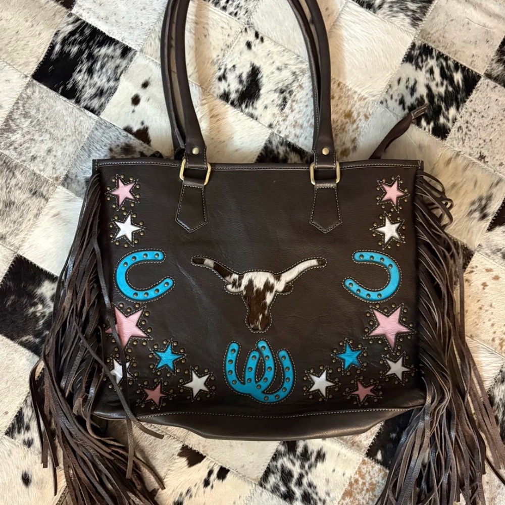 Western Fringe Tote Bag with Bull Skull Design leather new